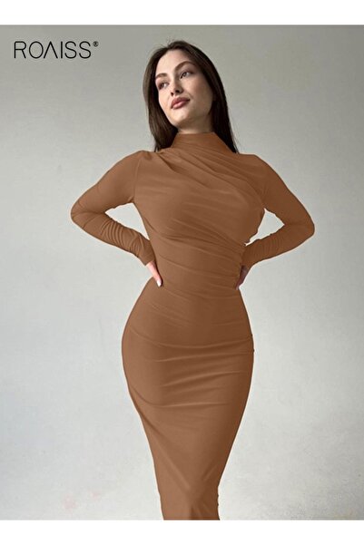 ROAISS Women's Temperament Slim Dress Elegant Round Neck Long Sleeve Dress wi...