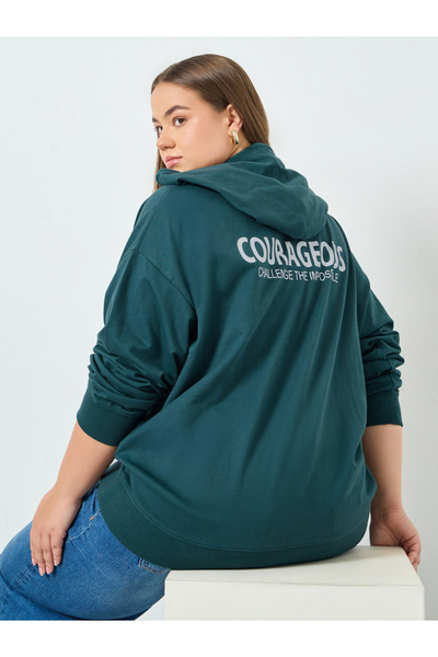 Styli Plus Size Dark Green Slogan Print Longline Hoodie