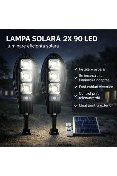 Null Set 2 x Lampa Solara stradala 90 LED-uri, 3 moduri de functionare, cu te...