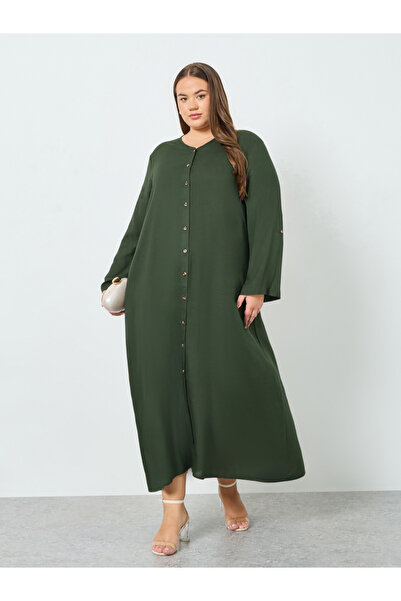 Amirah By Styli Plus Size Viscose Jalabiya with Roll-Up Sleeves