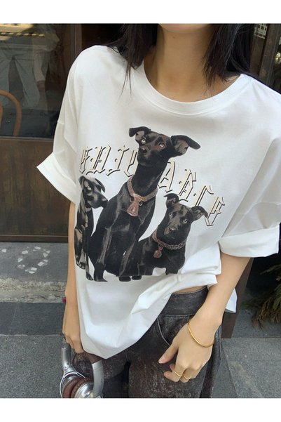 LAMASTRE Women's White 3-Piece Dog Printed Oversized T-Shirt