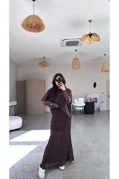 Buket Teke Brown Lace Maxi Skirt with Elastic Waist