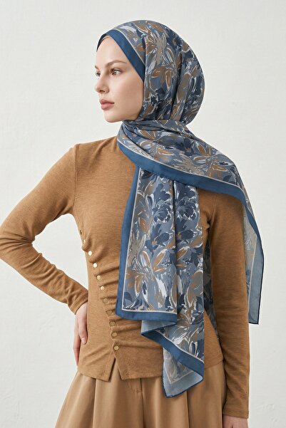 InStyle Блакитний м'який бавовняний шарф із квітковим візерунком «Лілія»