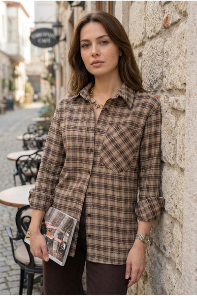 azragül giyim Women's Plaid Patterned Stone Shirt