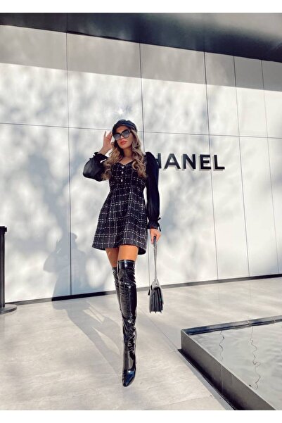 1Moda1Tarz İthal Tüvit Kumaş Kare Yaka Kareli Astarlı Özel Tasarım Düğme Deta...