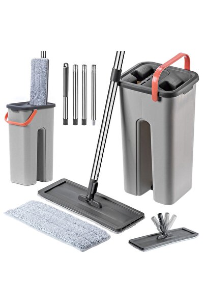 KADAX Mop plat cu găleată cu cameră dublă, storcător de 6 litri, mâner reglab...