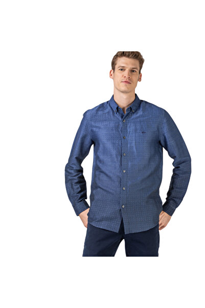 Lacoste Men's Slim Fit Patterned Gradient Navy Blue Shirt