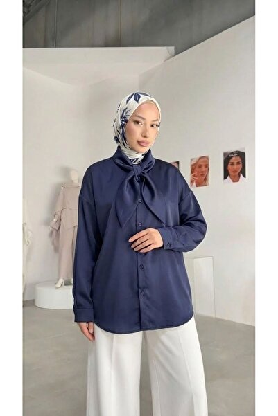Foremia Collar Detail Satin Tunic-Navy Blue