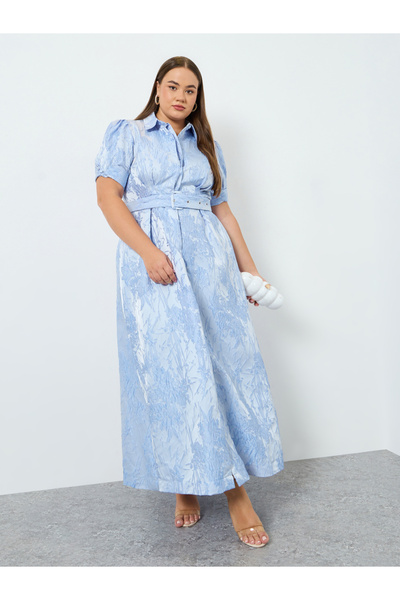 Styli Plus Size Blue Jacquard A-Line Maxi Dress
