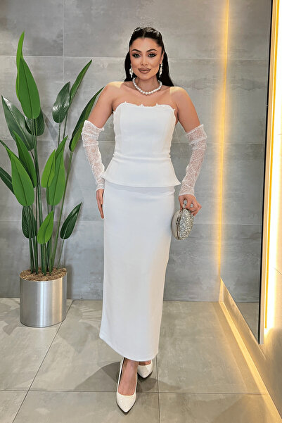 giyimmasalı Atlas Fabric Lace Detailed Strapless Elibse - White