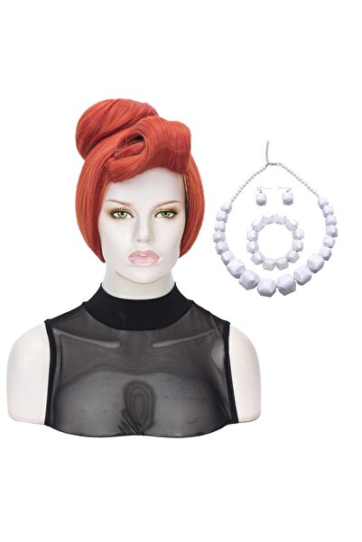 NO BRAND Πορτοκαλί Γυναικεία Περούκα με Κολιέ από την Λίθινη Εποχή, Σκουλαρίκ...