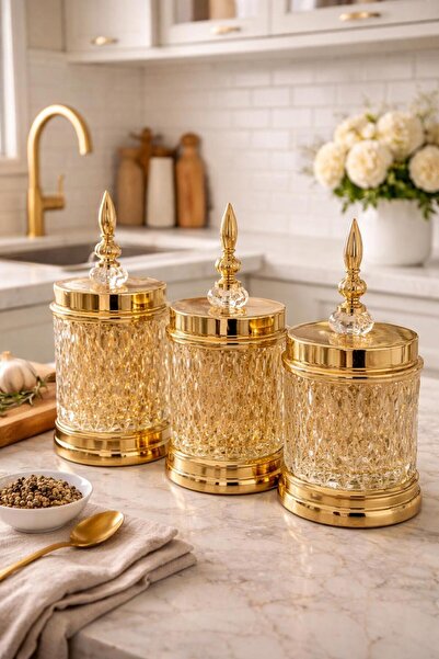 decovien Crystal Stone and Gold Detailed Glass Spice Set & Condiment Jar Set