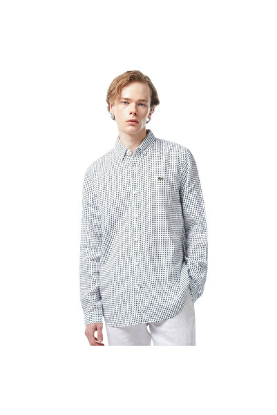 Lacoste Men's Regular Fit Button Collar Printed White Shirt