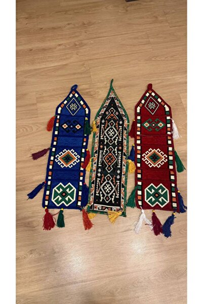 güzellik 3’lü Bohem Kilim Duvar Dekoru – Etnik Püsküllü Otantik Duvar Süsü Seti