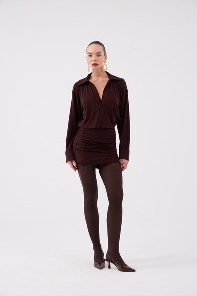 HOLLY LOLLY Skirt Ruched Detail Shirt Collar Jaida Dress Brown