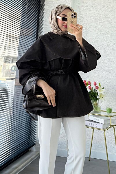 MELEK ARAZ Pelerină Premium cu Detaliu Detaliat denim Poncho — Maro