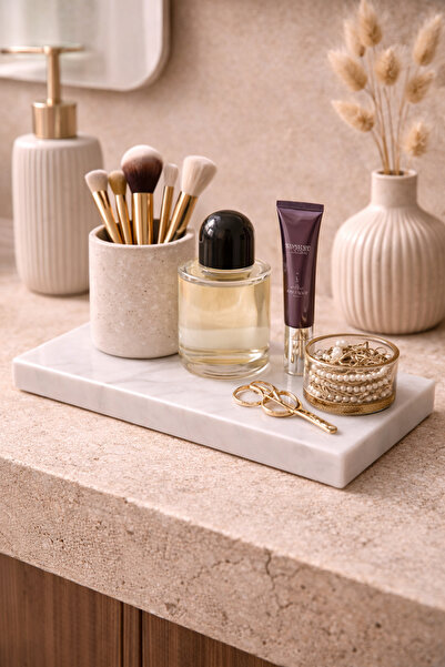 Marbello 12x25 cm Kuvars Mermer Dekoratif Organizer Tepsi Kahve Sunum Banyo P...