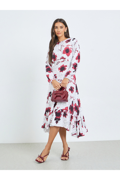 Styli White Floral Midi Dress with Long Sleeves