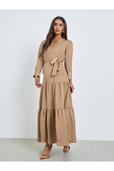 Styli Brown Tiered Maxi Dress with Tie Belt