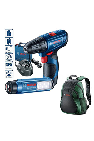 Bosch Pro. GSR 120-LI 2 Ah Çift Akülü Vidalama-GLI12V-300 Lamba +Bosch Sırt Ç...