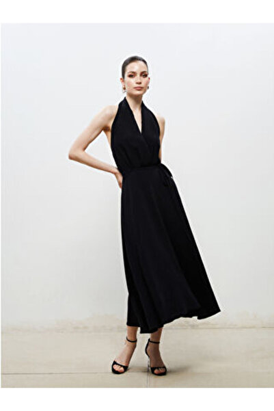 LC Waikiki Modanova Season Black Halter Neck Belted Satin Dress