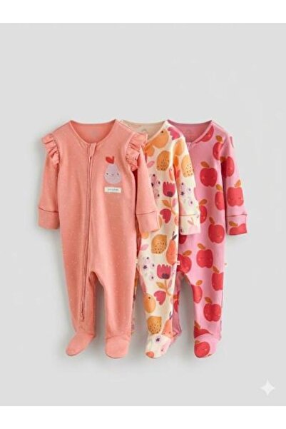 Next Baby Cotton Pack Cream Orange Fruit Patterned 3-Piece Jumpsuit Set