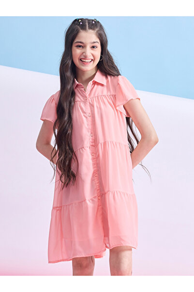 Stylo Bug By Styli Girls Peach Buttoned Tiered Mini Dress