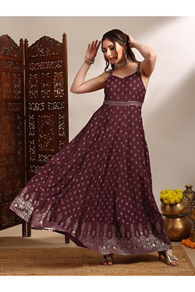 Globus By Styli Women Maroon Gold Foil Print Ethnic Maxi Dress