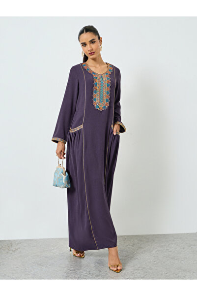 Maxim Creation By Styli Purple Embroidered Jalabiya with Patch Pocket