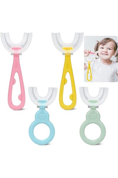 Arabest مجموعة من 4 فرش أسنان يدوية للأطفال على شكل حرف U، برأس فرشاة سيليكون...