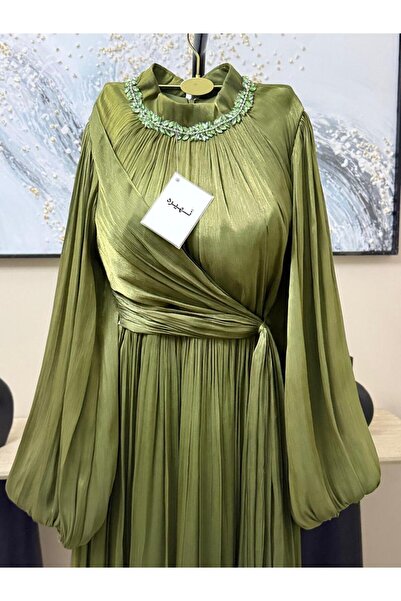 NUHAIRa Luxurious "olive" evening dress with pleats