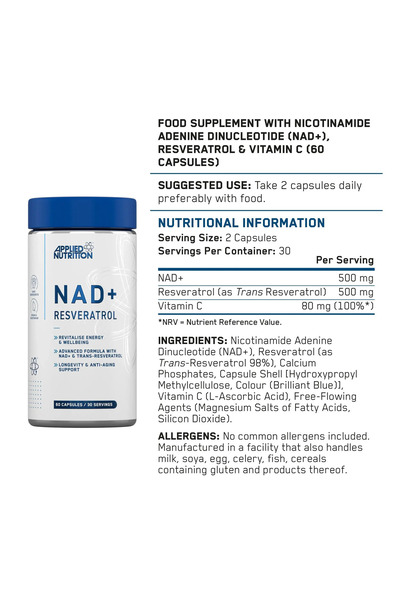 applied nutrition NAD+ Trans-Resveratrol Vitamin C 60 Caps