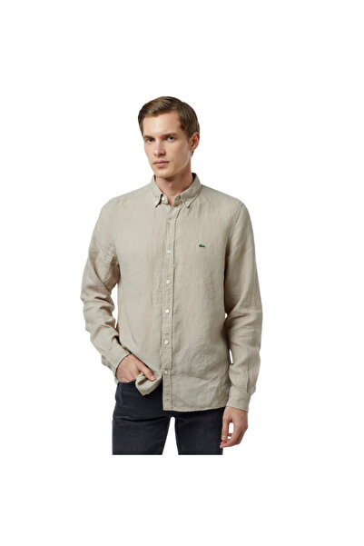 Lacoste Men's Regular Fit Buttoned Collar Linen Beige Shirt
