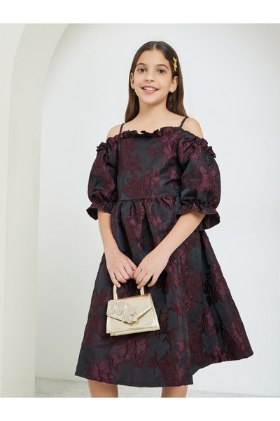 Styli Girls Burgundy Cold-Shoulder Sleeve Dress