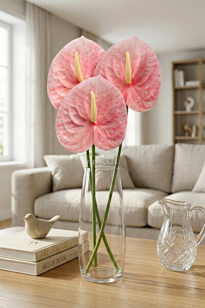 Yapay Çiçek Deposu Yapay Islak Tekli Antoryum Dalı 60 cm Pembe