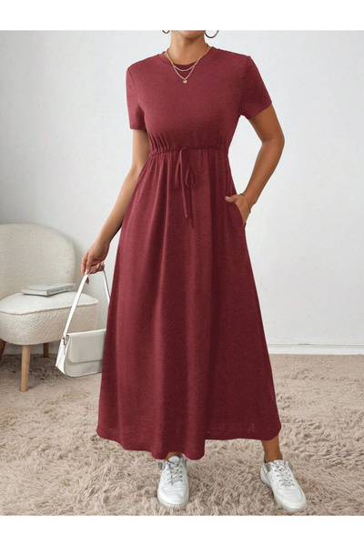 Take Two By Styli Rust Midi A-Line Dress with Short Sleeves