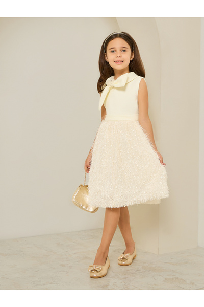 Styli Girls Cream Textured Fringed Detail Dress