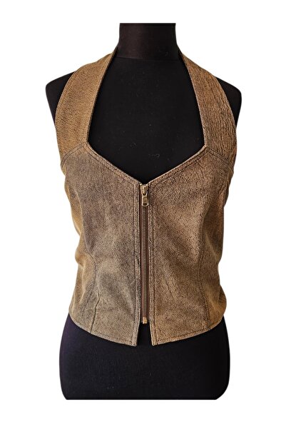 asus deri Genuine Leather Women's Bustier - Cognac - Stone Washed