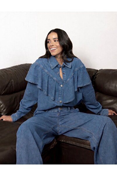St boutique Mavi Fırfır Detaylı Denim Gömlek