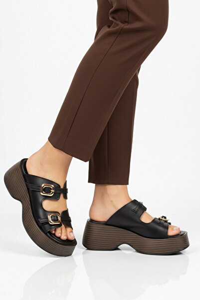 AYAKMOD Black Double Strapped Women's Heels Slipper 322183 Z