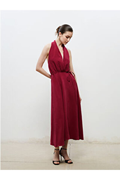 LC Waikiki Modanova Season Burgundy Halter Neck Belted Satin Dress