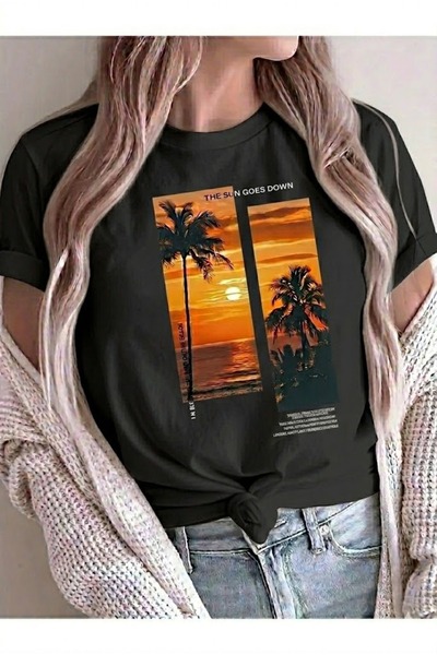 JENOLAN Tricou de damă oversize cu imprimeu apus de soare, lejer