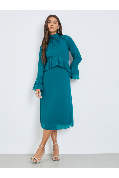 Styli Teal Bell Sleeve Ruffled Detail Midi Dress