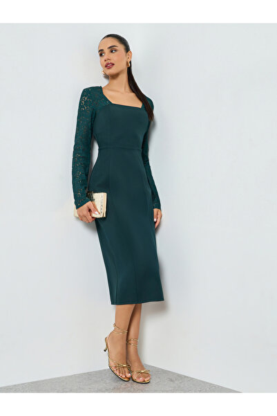 Styli Dark Green Lace Long Sleeves Sheath Midi Dress