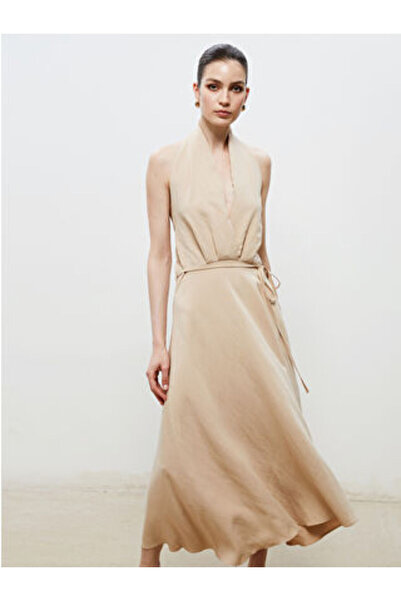 LC Waikiki Modanova Season Beige Halter Neck Belted Satin Dress