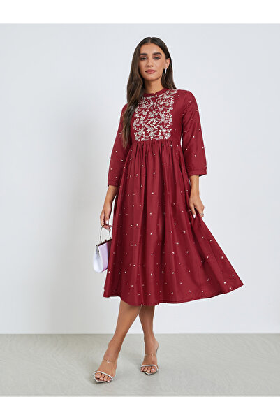Styli Maroon Embroidered Yoke A-Line Midi Dress