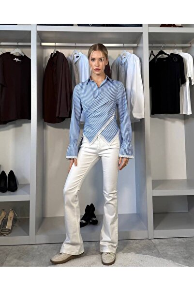 FLOWERİNG Women's Blue Striped Lace Pcs Tie-Detail Shirt Blouse