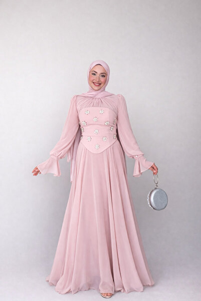 Hülya Keser Karamel Taş Detaylı Abiye - Pudra