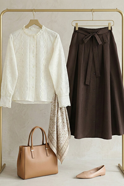 FERHEL Women's Embroidered Lace Embroidered Blouse -Beige