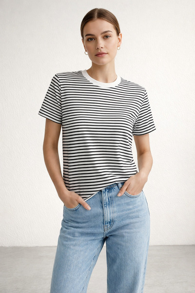 Polo State Γυναικείο T-Shirt Ριγέ Basic oversized – Εκρού Μαύρο